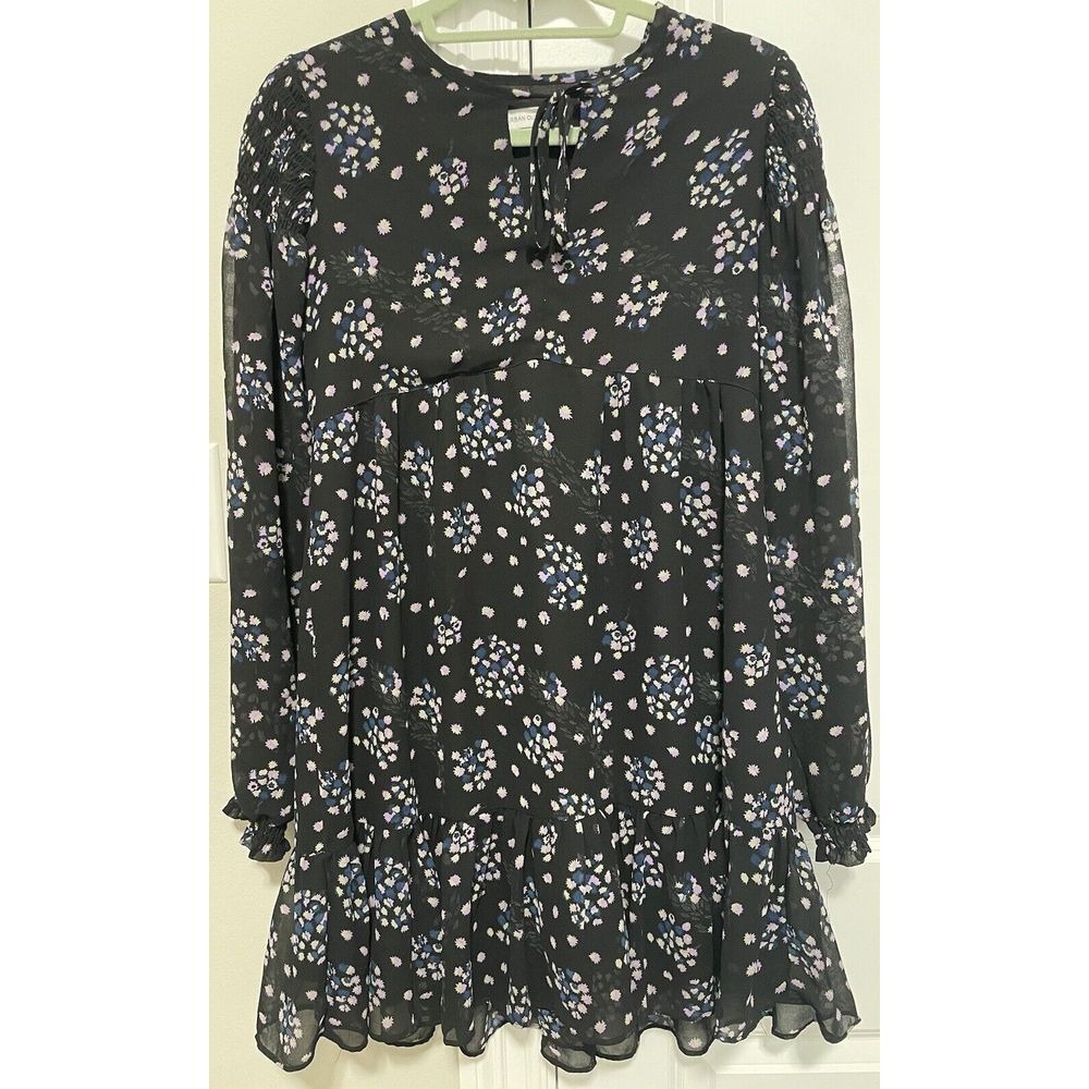 Urban Outfitters Babydoll Dress Sm Black Floral Long Sleeve Keyhole Mini Boho